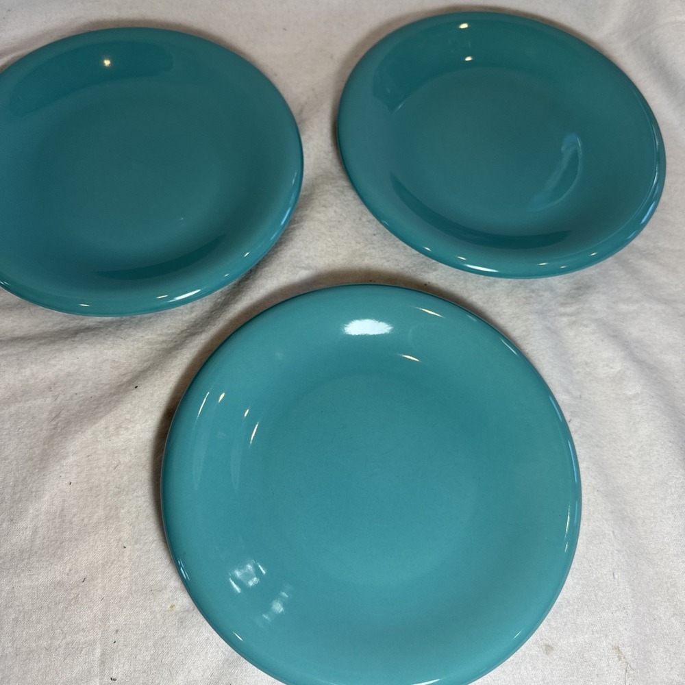 3 Vintage Mervyn's Stoneware Blue Turquoise  7 7/8"‎ Salad Plates Dessert Japan